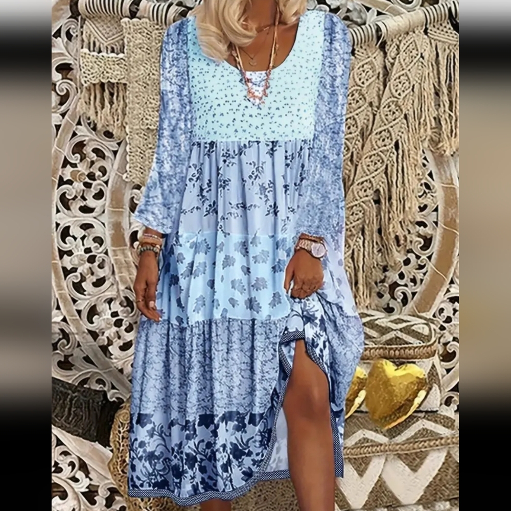 Romantic boho baby blue mixed print baby doll multi tiered midi dress size large